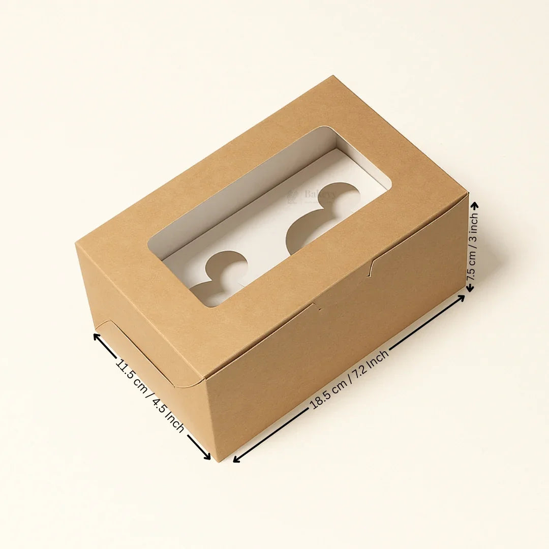 Brown cupcake box with clear window, inner insert, and size dimensions from Bakeyy.com