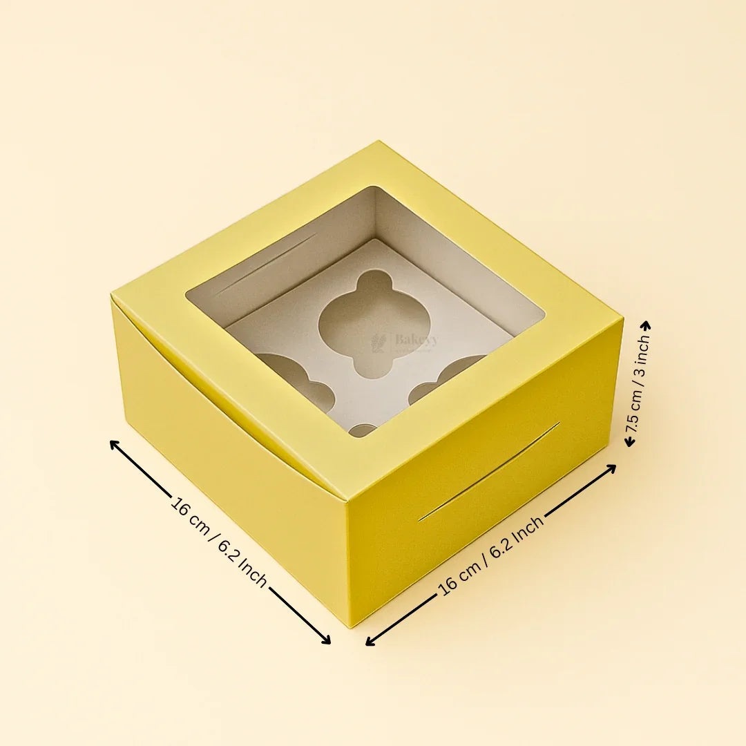Yellow cupcake box with clear window and insert, 16x16x7.5 cm, perfect for bakery packaging