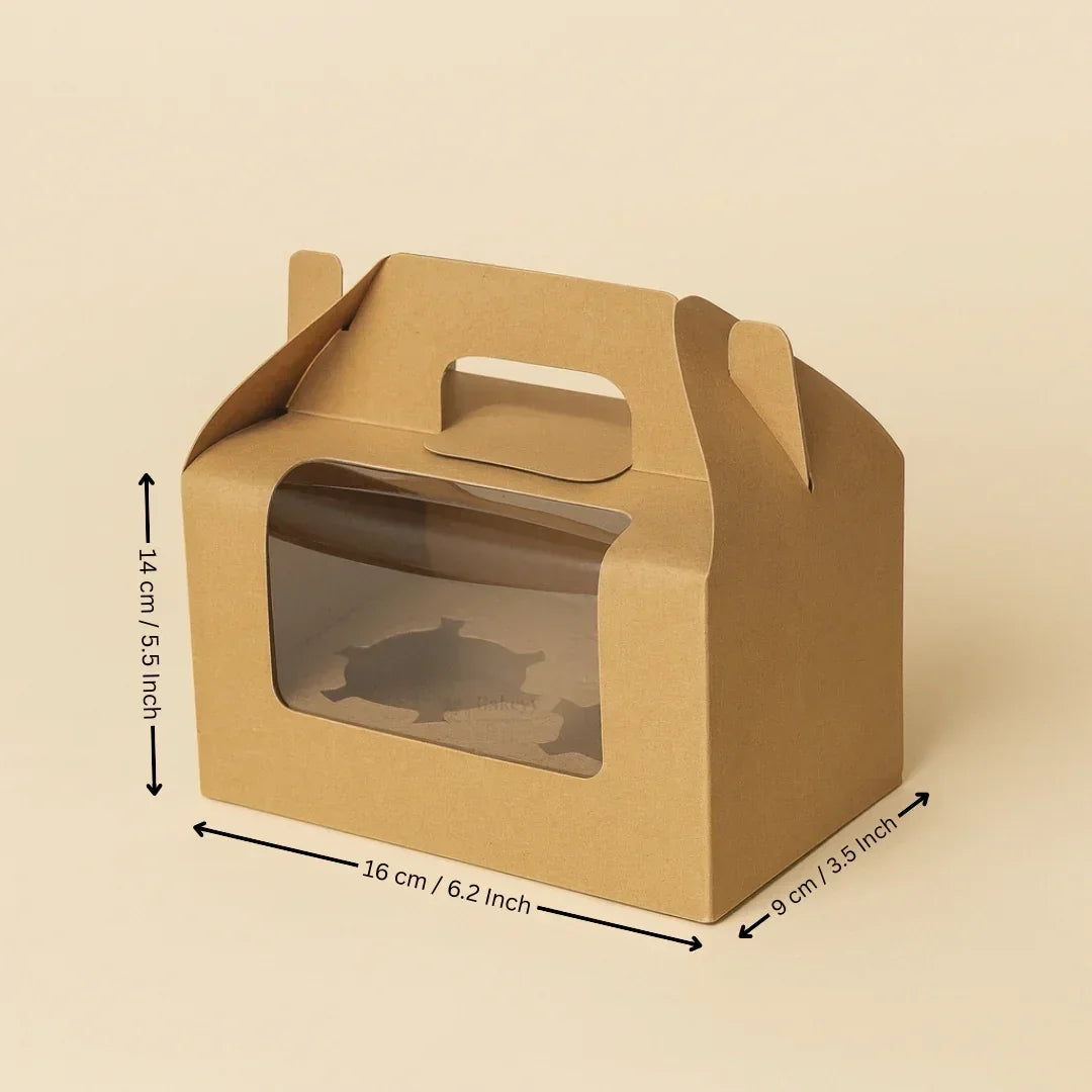 Brown cupcake packaging box with clear window, handle, and size dimensions, Bakeyy supply
