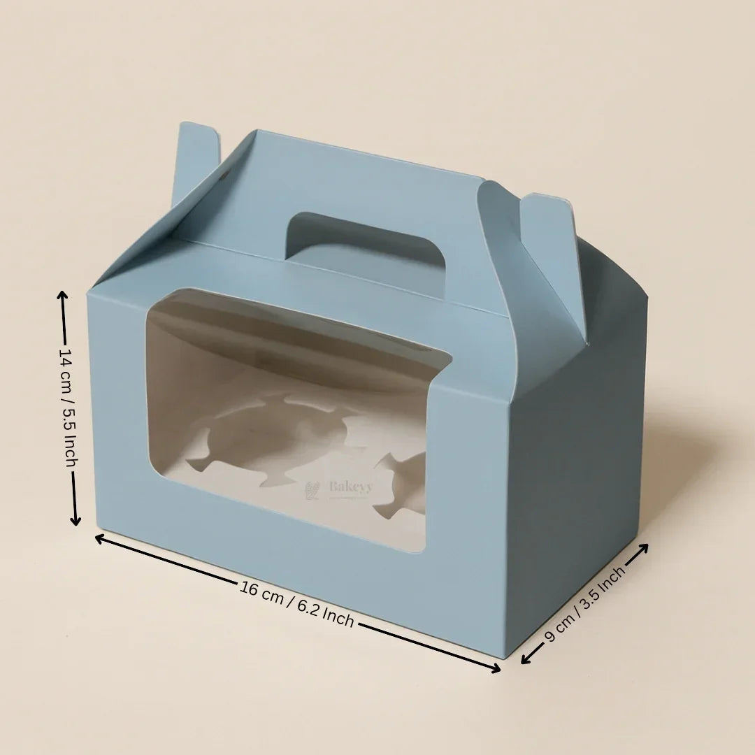 Blue cupcake box with handle and window, 16x9x14 cm, ideal for bakery packaging from Bakeyy