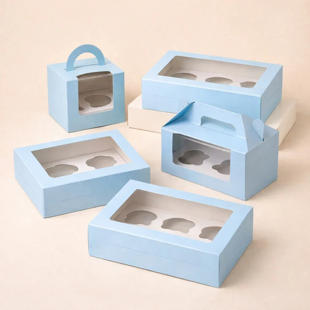 Blue Color Cupcake Box | With Handle & Without Handle | Multiple Capacities Available | Pack of 10