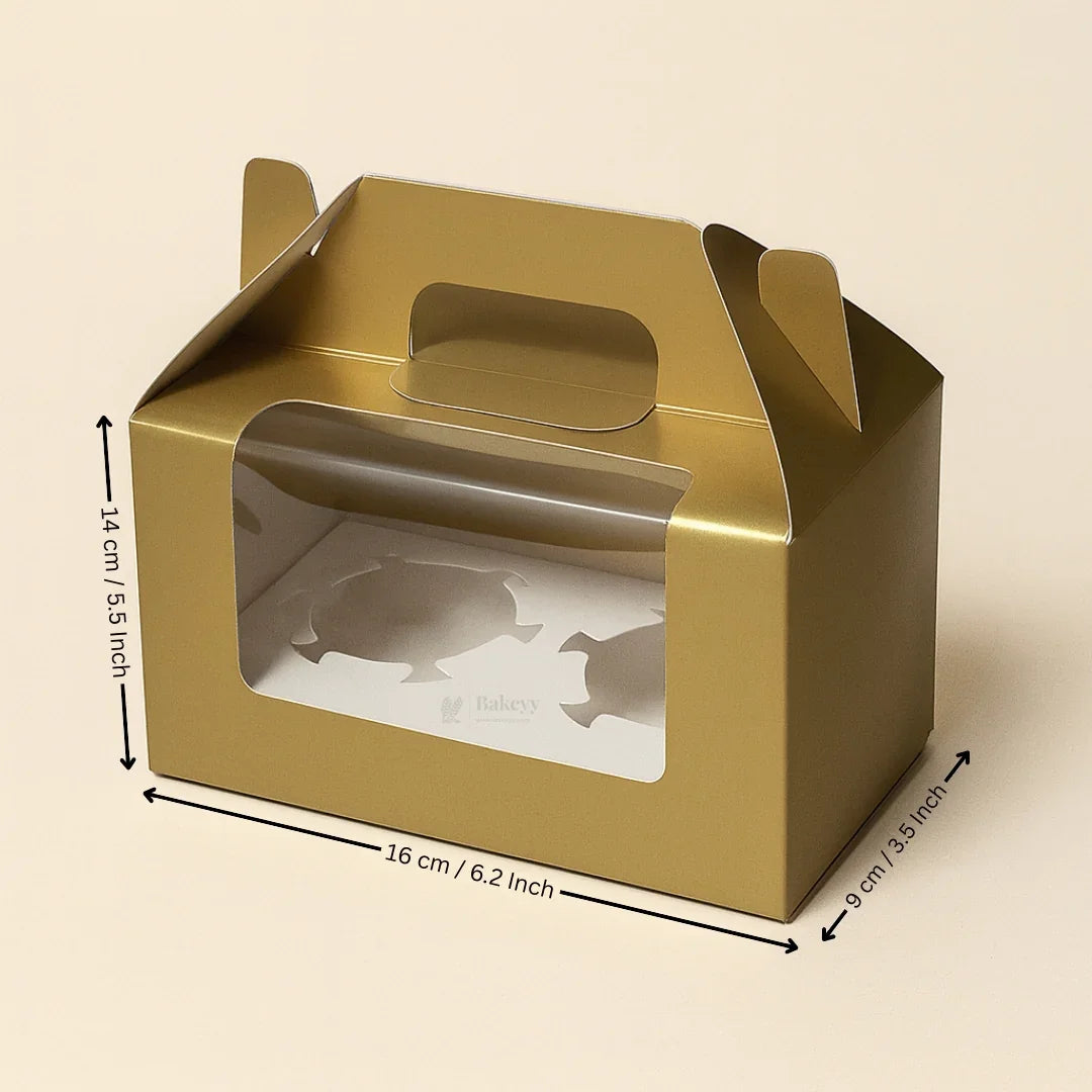 Gold cupcake box with clear window and handle, bakery packaging from Bakeyy.com, 16x9x14 cm