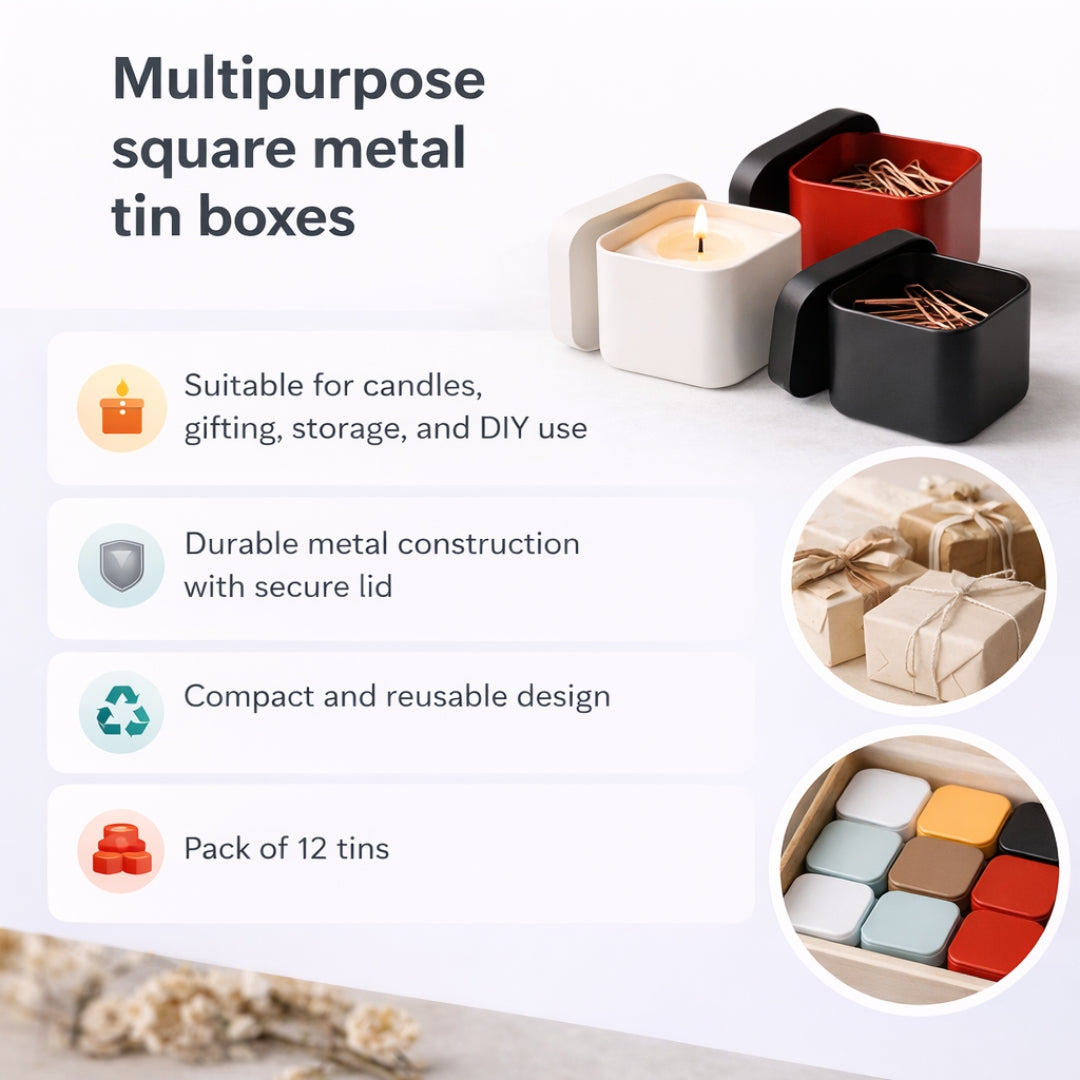 Square Metal Tin Box | Multi-Purpose Storage Tin | Candle, Gift & Storage Use | Pack of 12