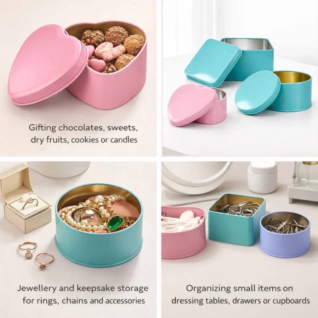 Colorful tin boxes for gifting chocolates, storing jewelry, and organizing small accessories.