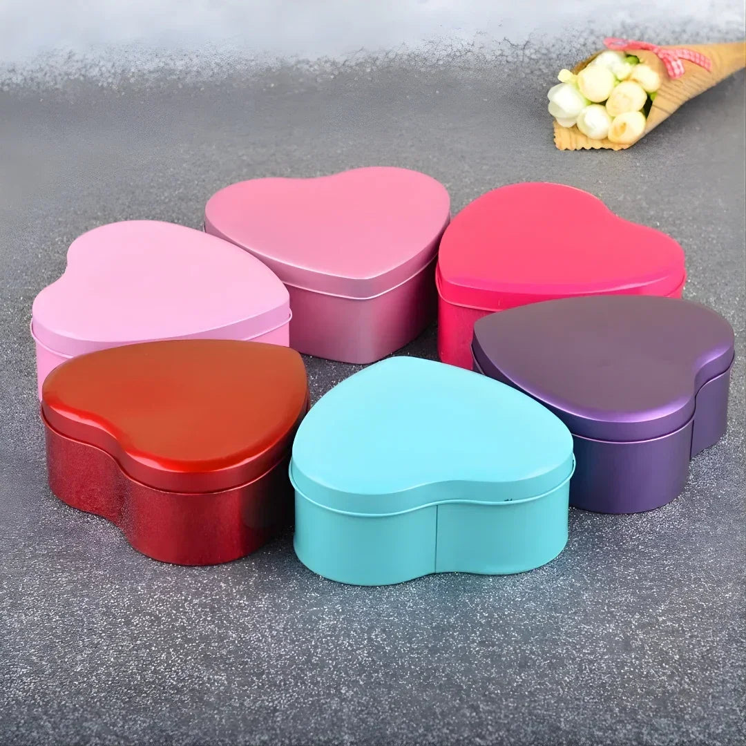 Colorful heart-shaped tin gift boxes for hampers and packaging, Bakeyy.com product display