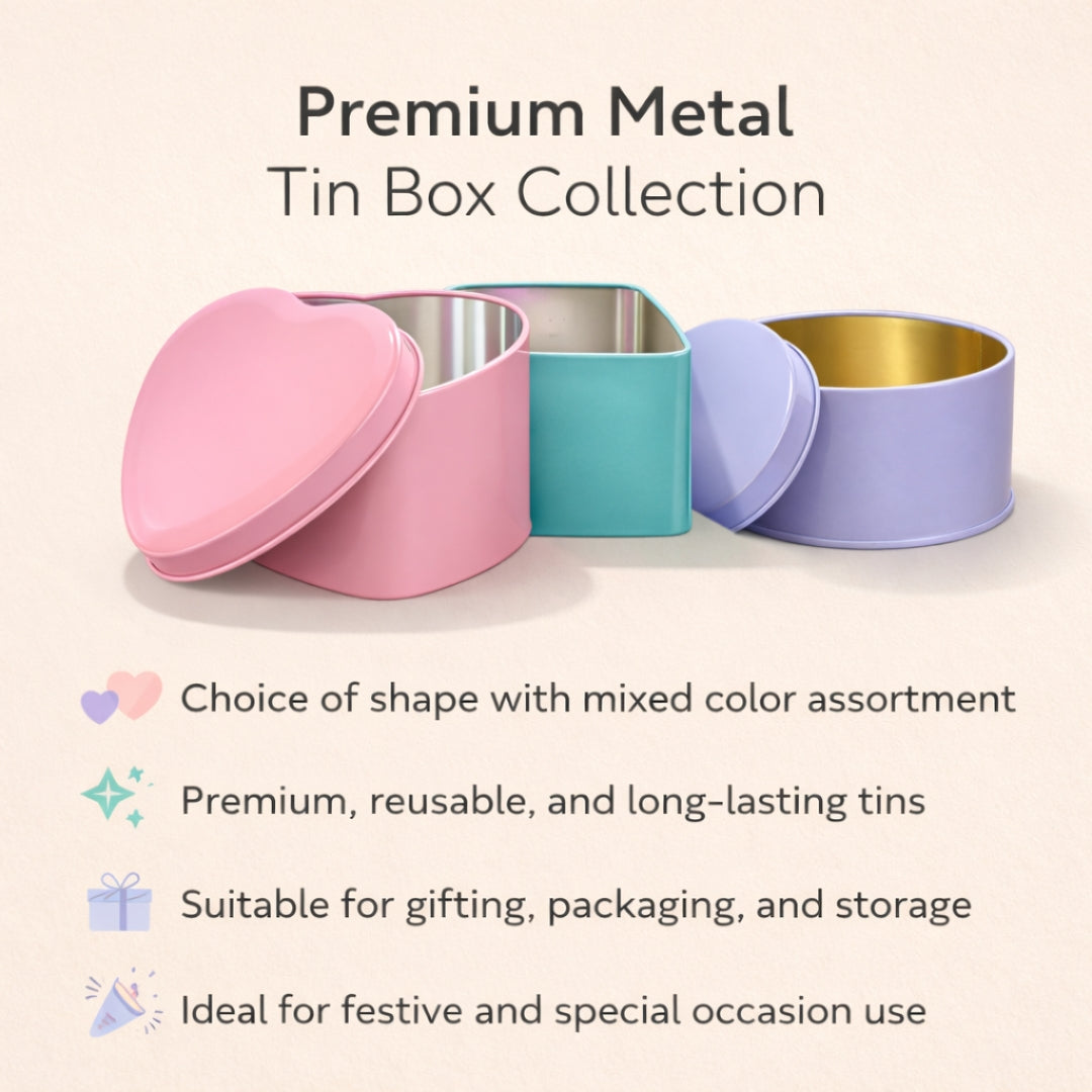 Color Plain Tin Boxes | Multiple Shape Option Available | Heart, Circle, Square Box | Empty Boxes | Chocolate and Small Gifts Box | Pack of 6