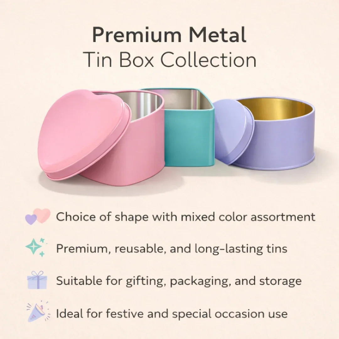 Premium metal tin box collection in pastel pink, blue, and purple, ideal for gifting and packaging from Bakeyy.com