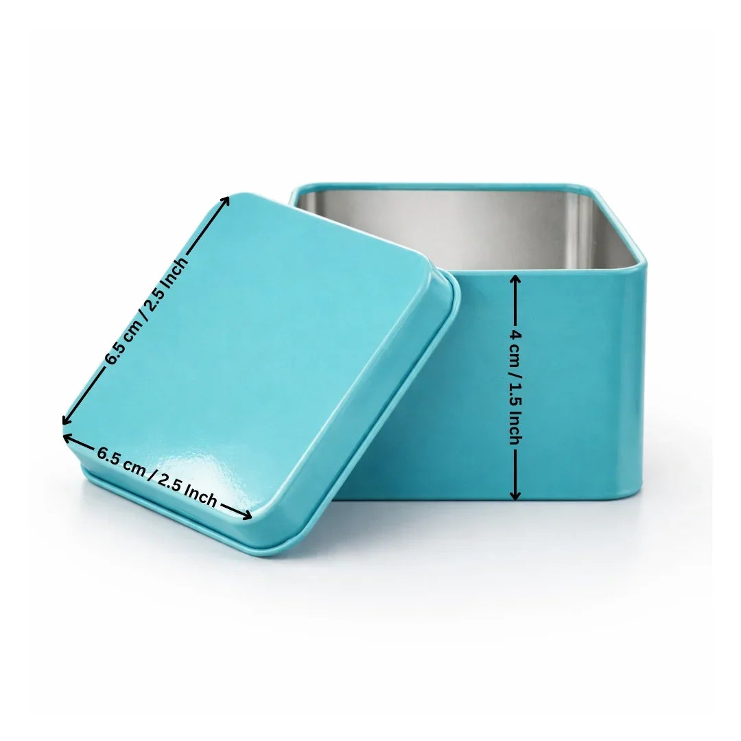 Blue square tin gift box with lid, shown with dimensions for bakery packaging on white background