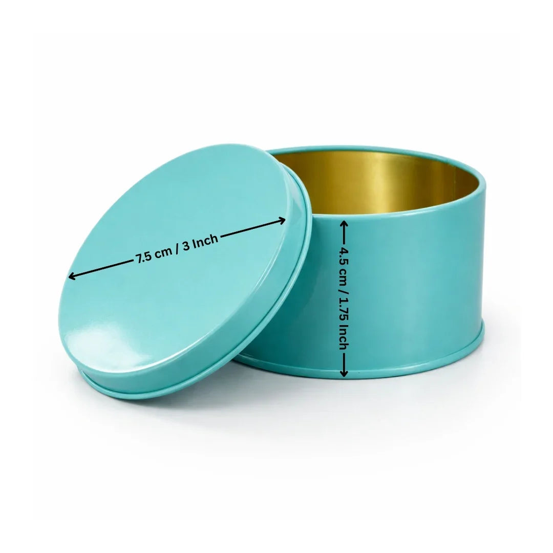 Aqua blue round tin box with lid, size 7.5cm x 4.5cm, for bakery gift packaging at Bakeyy.com