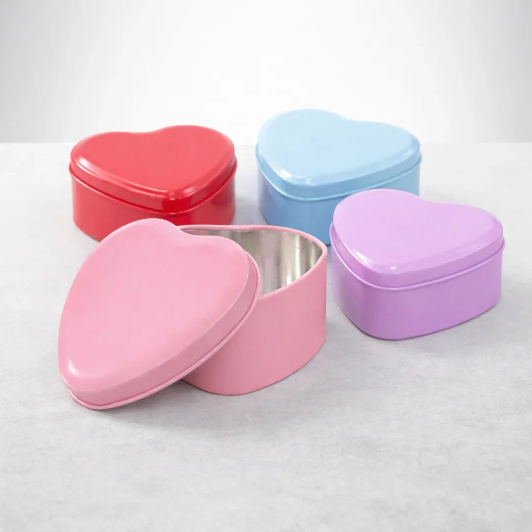 Colorful heart-shaped tin gift boxes for bakery packaging from Bakeyy.com