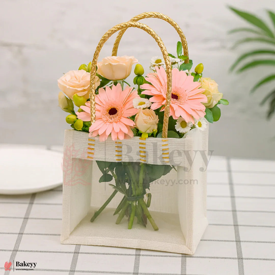 21x21x15 CM | Cream 4 Jar Ethnic Jute Gift Bag with Front Window & Golden Handle – 1 Piece