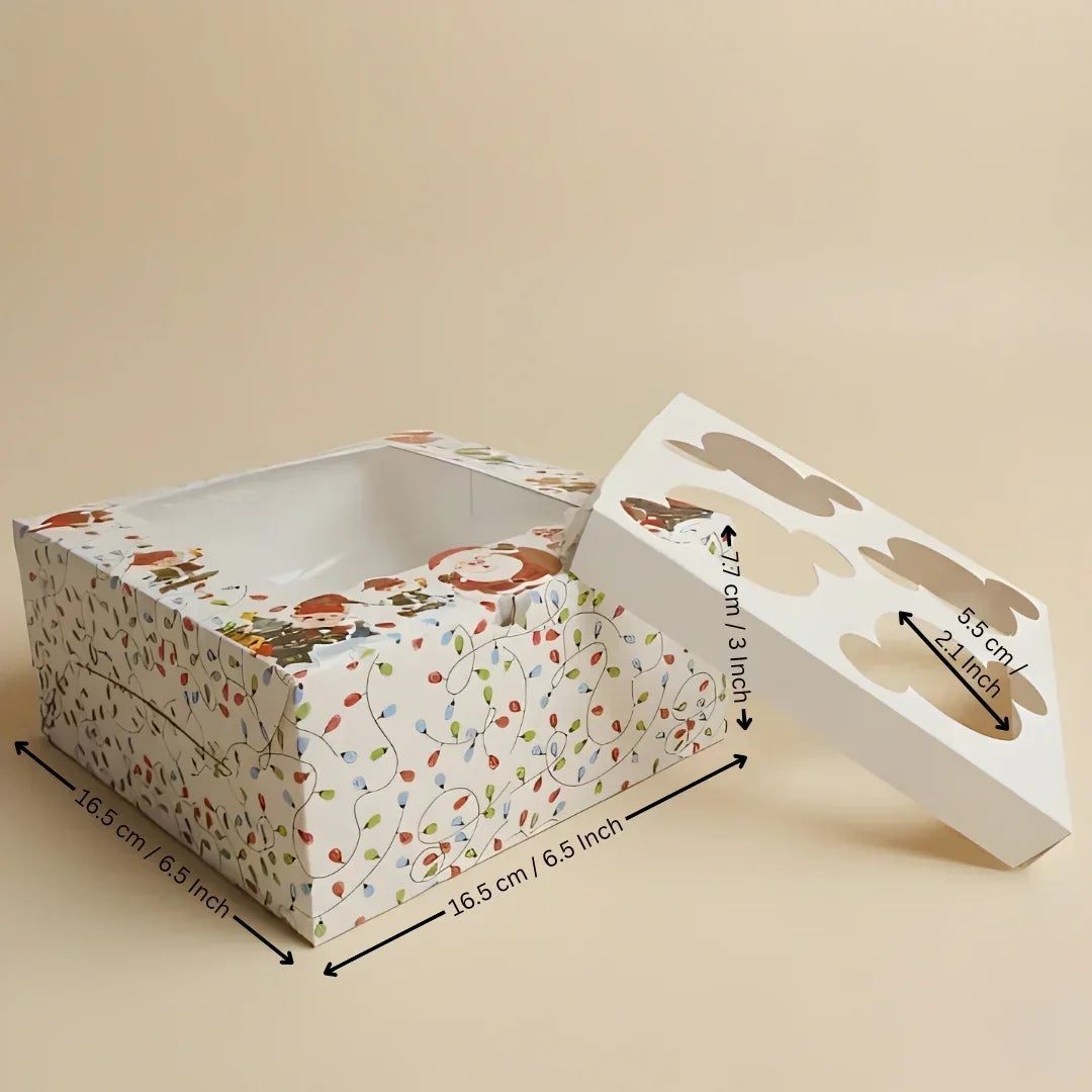 Christmas Cupcake Box with Window | White Festive Design | Festive Cupcake Box | Pack of 25 - Bakeyy.com - India - Christmas Cupcake Box with Window | White Festive Design | Festive Cupcake Box | Pack of 25 - 4 Cupcake / Without Handle 550.00