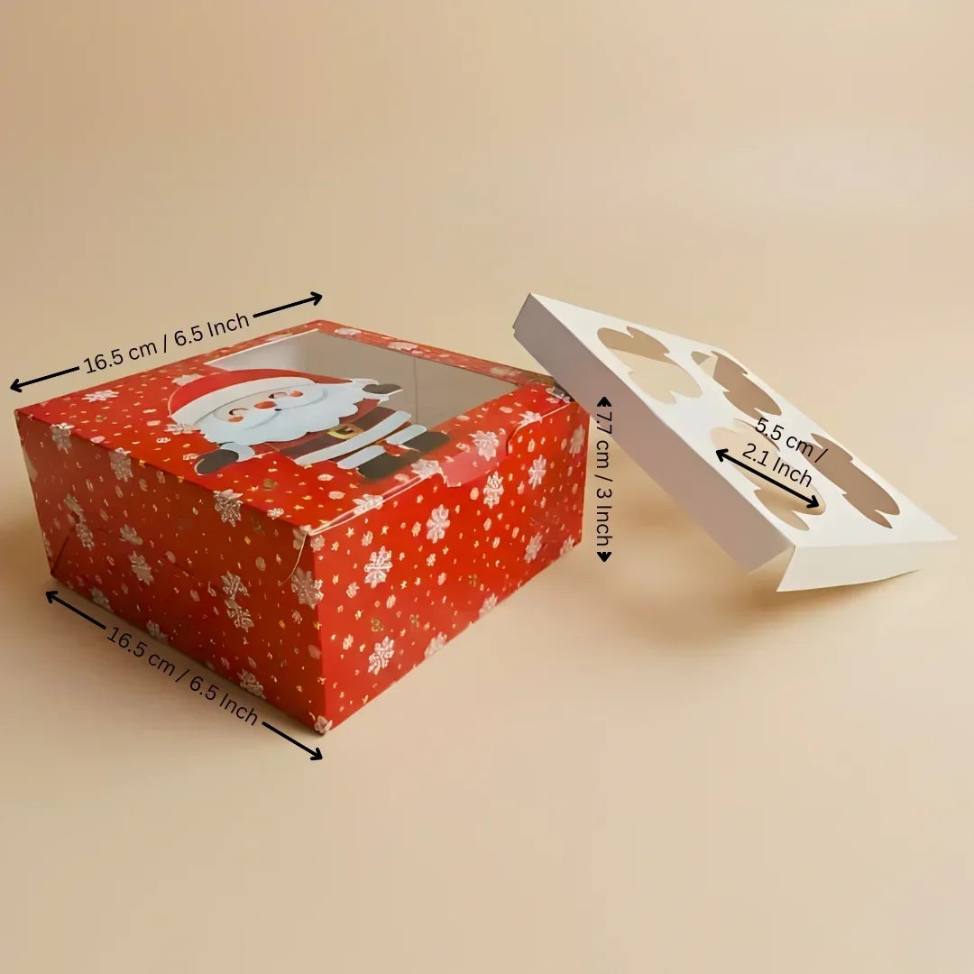 Christmas Cupcake Box with Window | Red Santa Design | Festive Cupcake Box | Pack of 25 - Bakeyy.com - India - Christmas Cupcake Box with Window | Red Santa Design | Festive Cupcake Box | Pack of 25 - 4 Cupcake / Without Handle 550.00