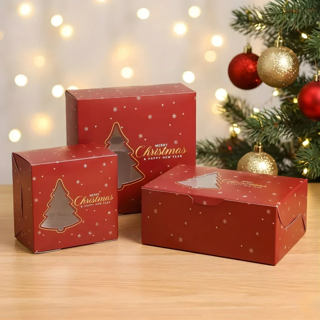 Christmas Cupcake Box with Window | Red Christmas Tree Design | Festive Cupcake Box | Pack of 25