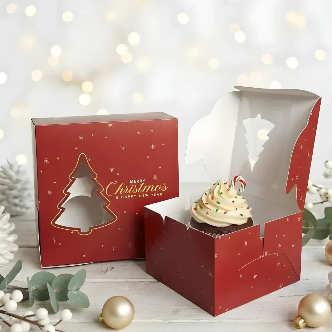 Christmas Cupcake Box with Window | Red Christmas Tree Design | Festive Cupcake Box | Pack of 25 - Bakeyy.com - India - Christmas Cupcake Box with Window | Red Christmas Tree Design | Festive Cupcake Box | Pack of 25 - 1 Cupcake / Without Handle 375.00