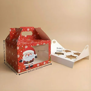 Christmas Cupcake Box with Window | Red Santa Design | Festive Cupcake Box | Pack of 25 - Bakeyy.com - India - Christmas Cupcake Box with Window | Red Santa Design | Festive Cupcake Box | Pack of 25 - 4 Cupcake / With Handle 625.00