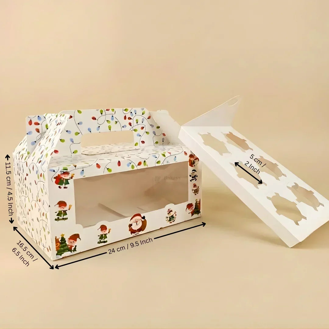 Christmas Cupcake Box with Window | White Festive Design | Festive Cupcake Box | Pack of 25 - Bakeyy.com - India - Christmas Cupcake Box with Window | White Festive Design | Festive Cupcake Box | Pack of 25 - 6 Cupcake / With Handle 900.00