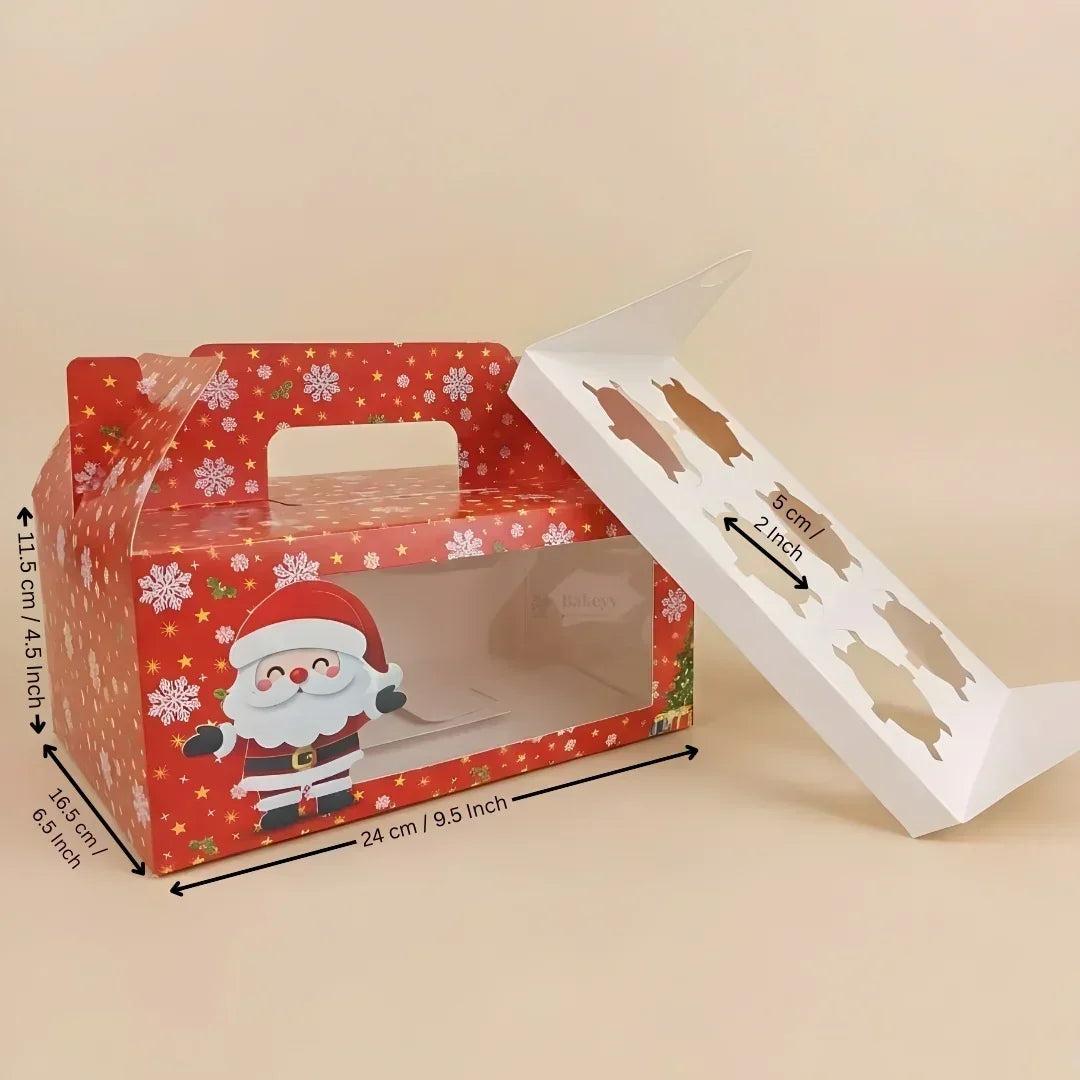 Christmas Cupcake Box with Window | Red Santa Design | Festive Cupcake Box | Pack of 25 - Bakeyy.com - India - Christmas Cupcake Box with Window | Red Santa Design | Festive Cupcake Box | Pack of 25 - 6 Cupcake / With Handle 900.00