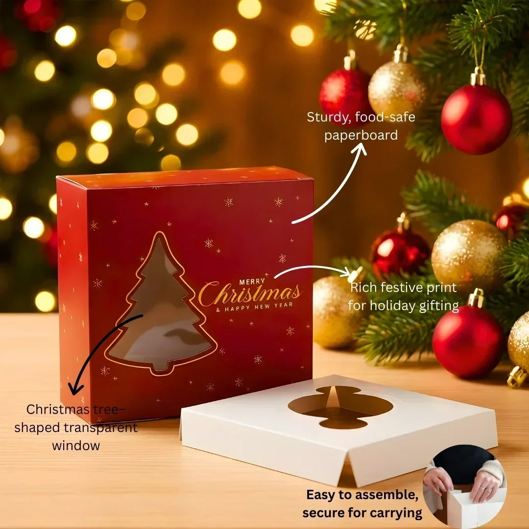Christmas Cupcake Box with Window | Red Christmas Tree Design | Festive Cupcake Box | Pack of 25 - Bakeyy.com - India - Christmas Cupcake Box with Window | Red Christmas Tree Design | Festive Cupcake Box | Pack of 25 - 1 Cupcake / Without Handle 375.00