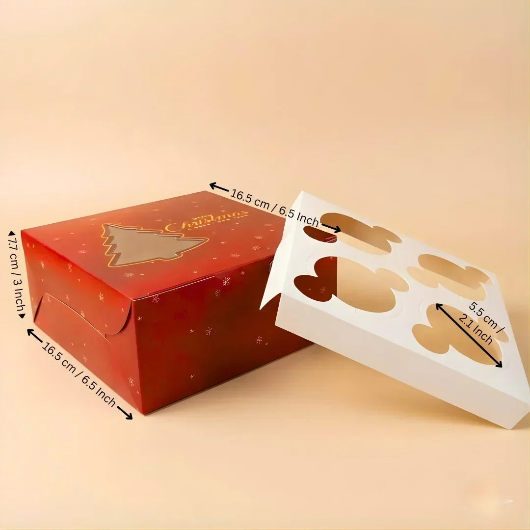 Christmas Cupcake Box with Window | Red Christmas Tree Design | Festive Cupcake Box | Pack of 25 - Bakeyy.com - India - Christmas Cupcake Box with Window | Red Christmas Tree Design | Festive Cupcake Box | Pack of 25 - 4 Cupcake / Without Handle 550.00