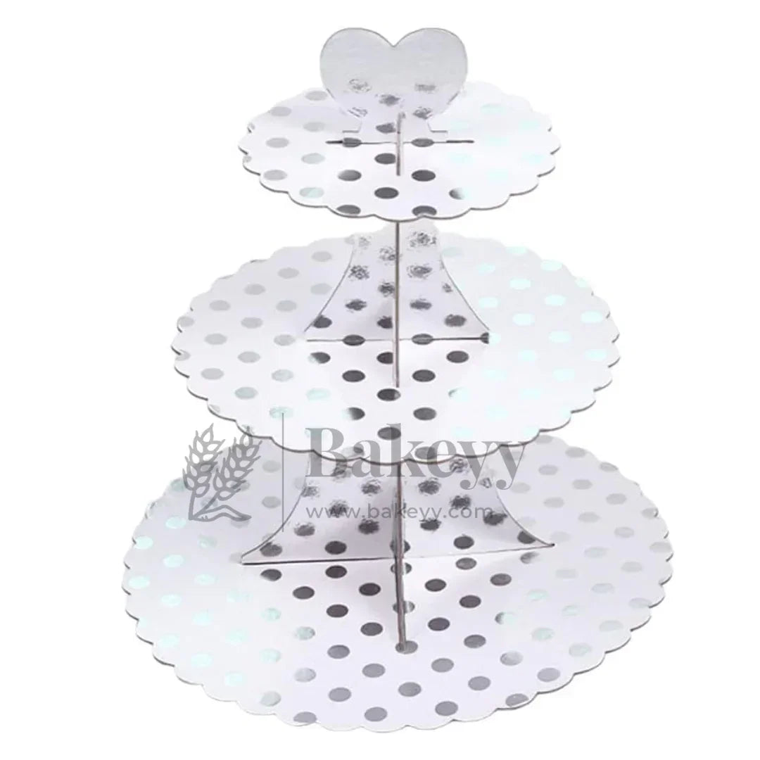 Three-Tiered Cupcake Stand | Cupcake Display Stand | 1 Piece - Bakeyy.com - India - Three-Tiered Cupcake Stand | Cupcake Display Stand | 1 Piece - Silver / Polka Dots