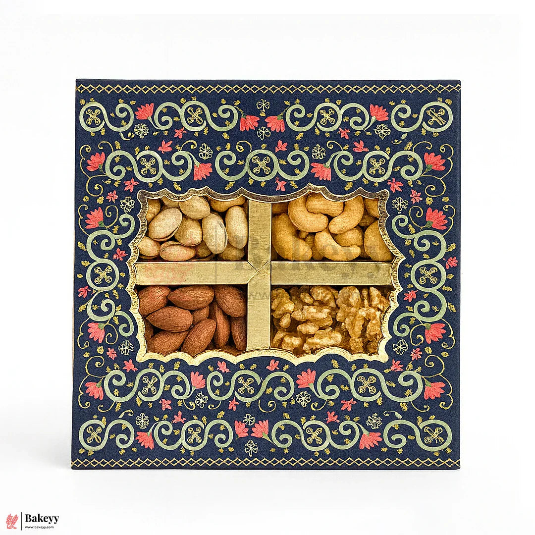4 Cavity | Rigid Dry Fruit Box | Elegant Festive Hamper Box with Window Lid | Elegant Floral Design | Pack Of 1