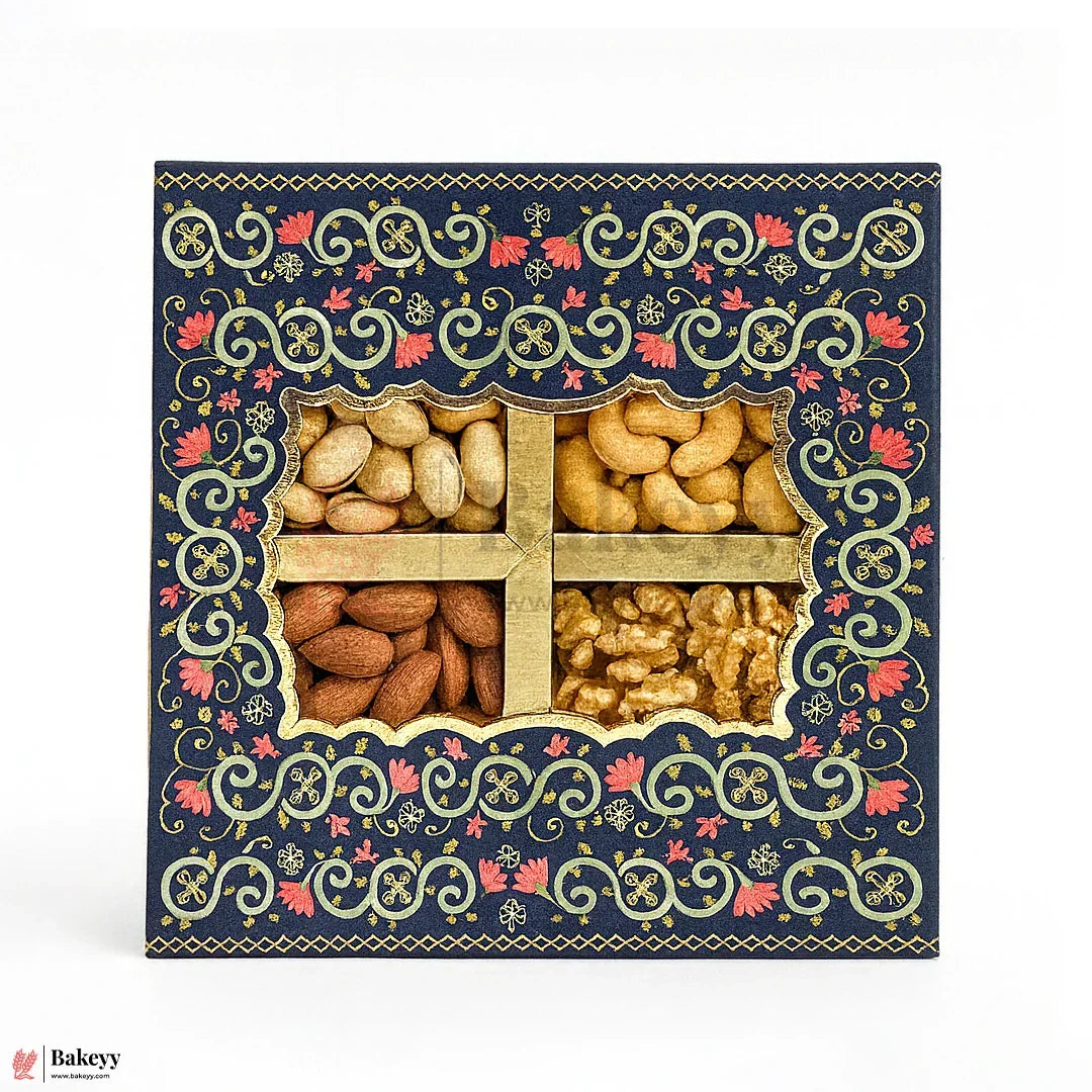 4 Cavity | Rigid Dry Fruit Box | Elegant Festive Hamper Box with Window Lid | Elegant Floral Design | Pack Of 1 - Bakeyy.com - India - 4 Cavity | Rigid Dry Fruit Box | Elegant Festive Hamper Box with Window Lid | Elegant Floral Design | Pack Of 1 - Default Title