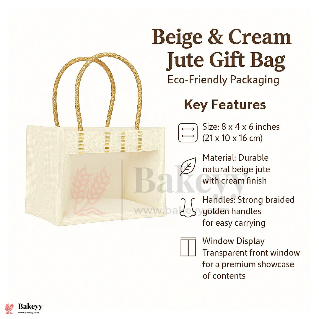 21x21x15 CM | Cream 4 Jar Ethnic Jute Gift Bag with Front Window & Golden Handle – 1 Piece