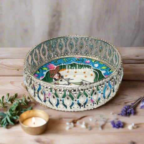 6 Inch Elegant Silver Plated Decorative Pooja Thali | Round Metal Tray Home Decor Items | Pichwai Tray for Return Gifts | Decorative Tray - Bakeyy.com - India - 6 Inch Elegant Silver Plated Decorative Pooja Thali | Round Metal Tray Home Decor Items | Pichwai Tray for Return Gifts | Decorative Tray - Default Title