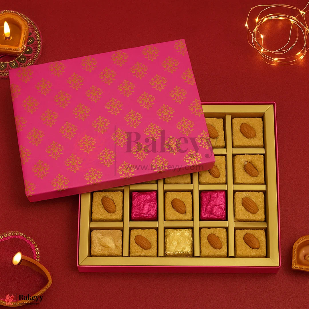 One Kg Sweet Box | 10.5x7.5x1.5 Inch |  Royal Pink & Gold Sweet Box with Golden Tray 1 Piece