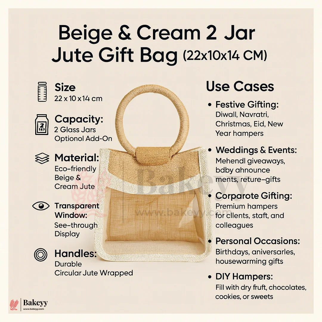 22x10x14 CM | Beige & Cream 2 Jar Jute Gift Bag with Window & Round Handles – 1 Piece