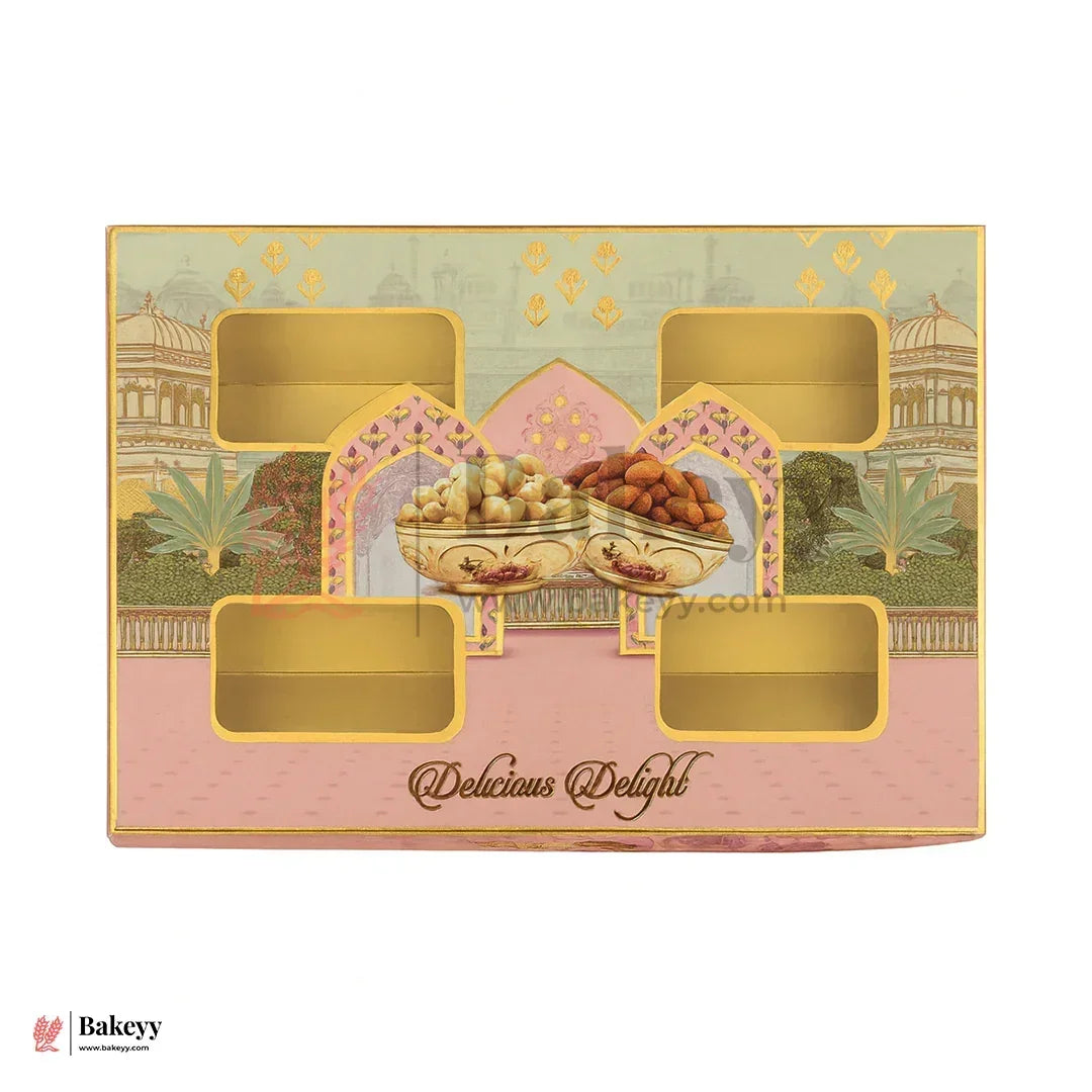 25x25x2.5 cm | Delicious Delight 4-Cavity Dry Fruit Gift Box | Decorative Festive Packaging | Pack of 10 - Bakeyy.com - India - 25x25x2.5 cm | Delicious Delight 4-Cavity Dry Fruit Gift Box | Decorative Festive Packaging | Pack of 10 - Default Title