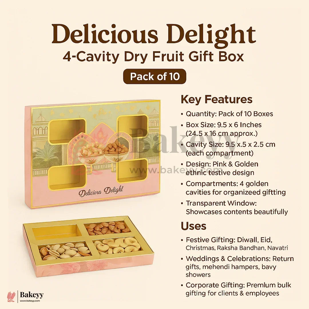 25x25x2.5 cm | Delicious Delight 4-Cavity Dry Fruit Gift Box | Decorative Festive Packaging | Pack of 10 - Bakeyy.com - India - 25x25x2.5 cm | Delicious Delight 4-Cavity Dry Fruit Gift Box | Decorative Festive Packaging | Pack of 10 - Default Title