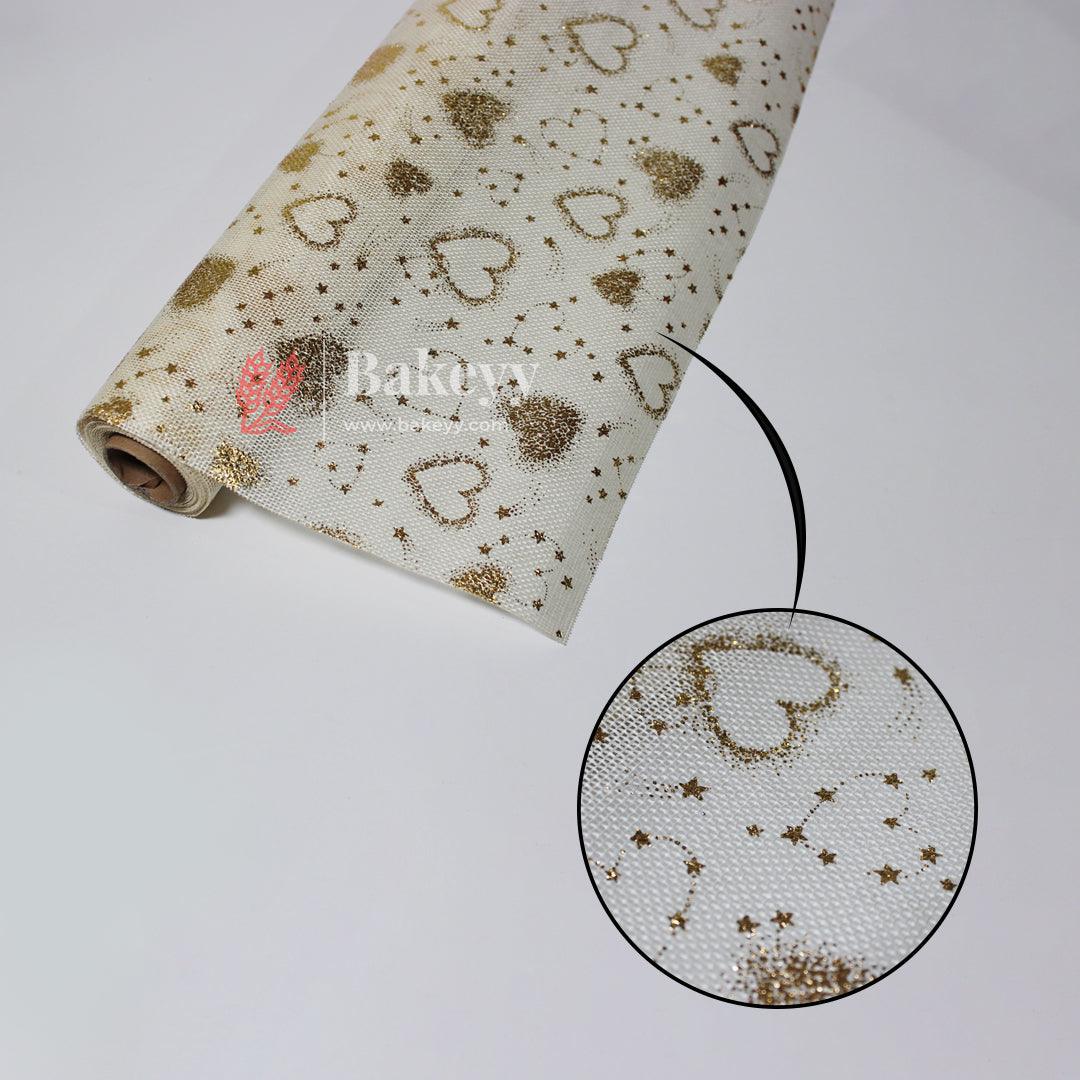 2.7 Mtrs Gold Glitter Heart and Star Mesh Fabric Roll – Perfect for Decorations and Crafts | Jute Net | - Bakeyy.com - India - 2.7 Mtrs Gold Glitter Heart and Star Mesh Fabric Roll – Perfect for Decorations and Crafts | Jute Net | - Default Title