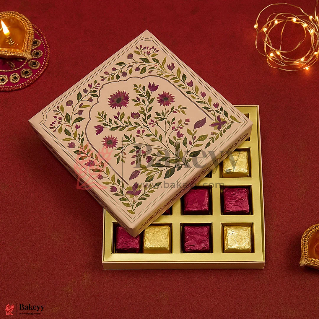 8x8x1.5 inch | Elegant Floral Squire 16 Cavity Gift Sweet Box| Pink & Gold Accents 1 Piece