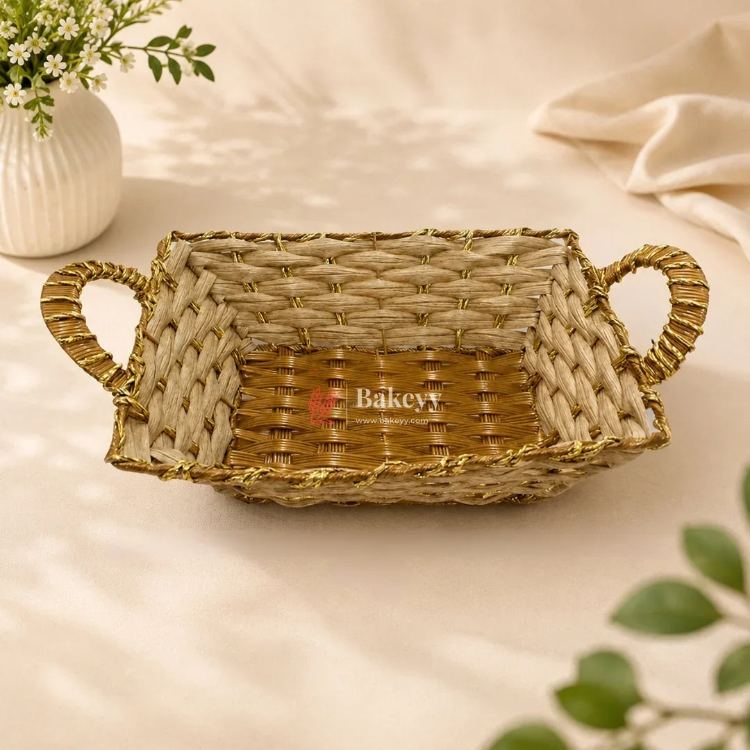 Woven basket with handles on a light background, featuring the brand 'Bakery'.