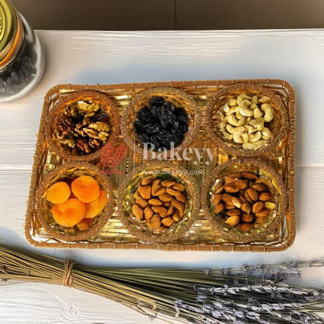 Elegant Gold-Plated Metal Dry Fruit Tray with 6 Decorative Bowls - Bakeyy.com - India - Elegant Gold-Plated Metal Dry Fruit Tray with 6 Decorative Bowls - Default Title