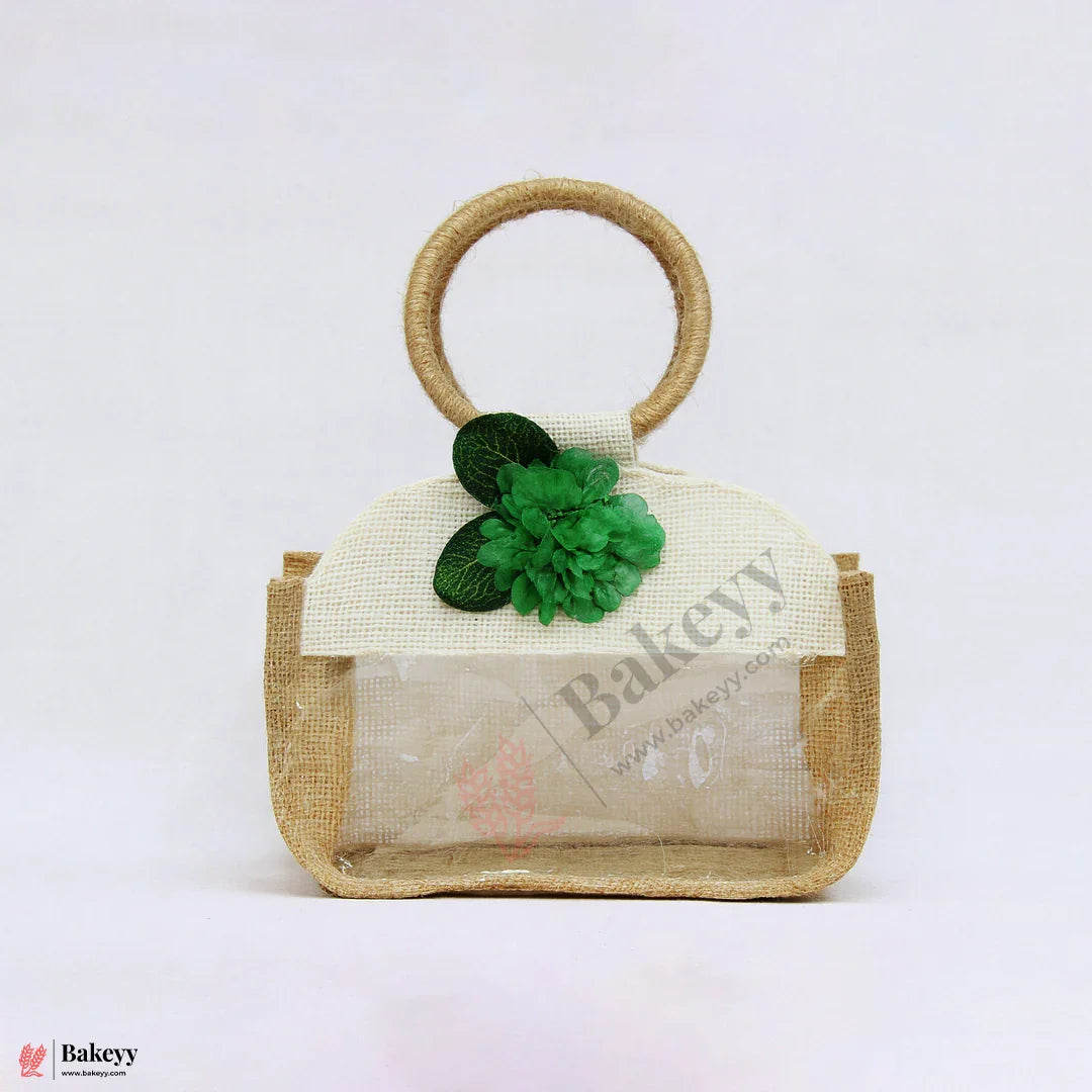 21x21x27 CM | Beige & Cream 4 Jar Jute Gift Bag with Transparent Window & Floral Accent – Eco-Friendly Gifting Hamper Bag Pack Of 1