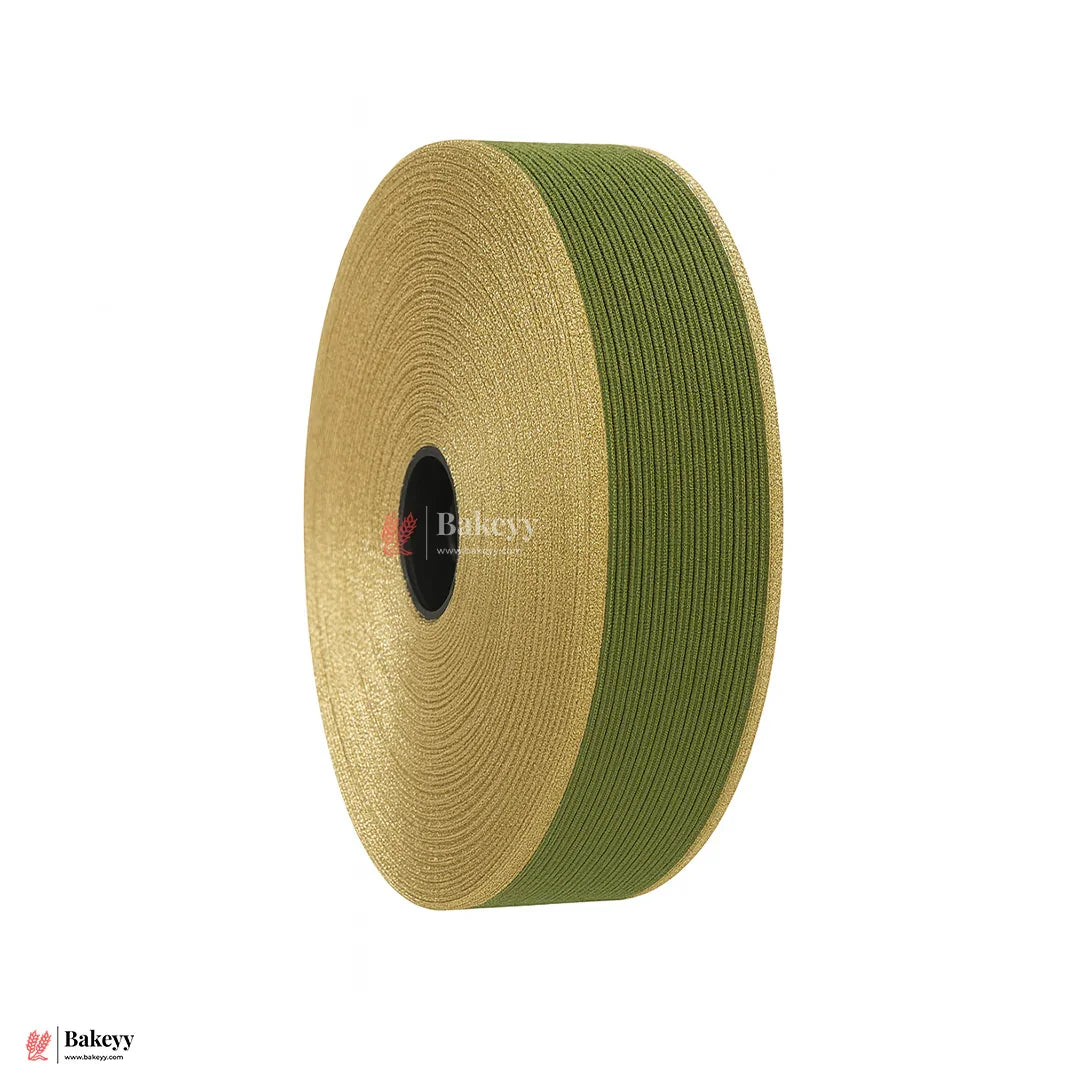 343 | Elastic Green Ribbon with Gold Borders – 3cm Width | 18 Meters Roll