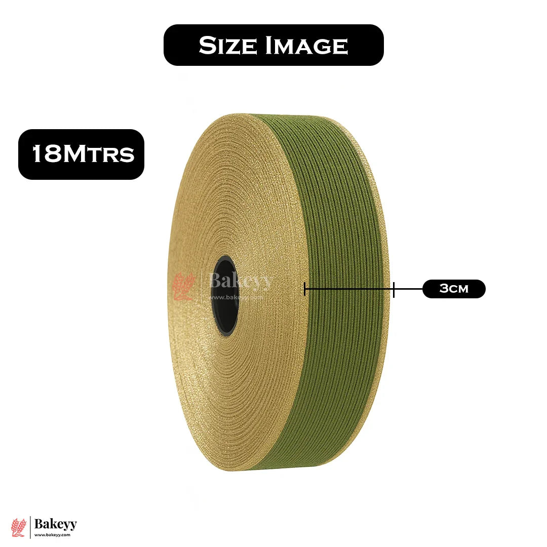 343 | Elastic Green Ribbon with Gold Borders – 3cm Width | 18 Meters Roll