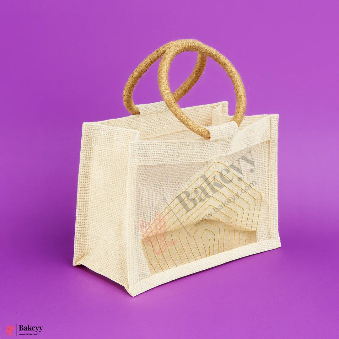 22x10.5x15 cm Beige & Cream Jute Gift Bag with Transparent Window & Round Handles Pack Of 1