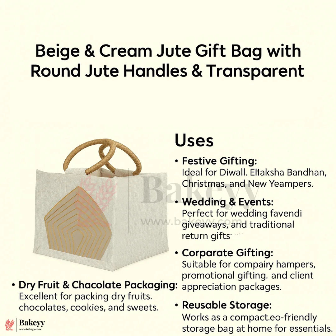 22x21x15 cm Beige & Cream Jute Gift Bag with Transparent Window & Round Handles Pack Of 1