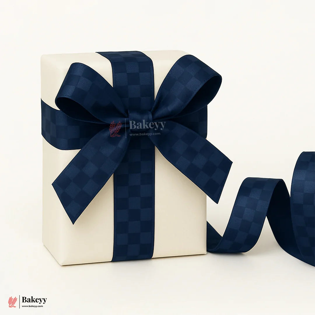 2cm |18 Mtr Premium Navy Blue Checkered Satin Ribbon Roll – Elegant Finish for Gift Wrapping & Crafts| 1 Roll