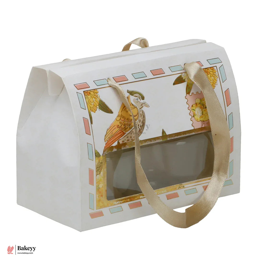 7x5.25x3.75 Inch | Premium Designer Window Box with Bird Print  Golden Ribbon Handle | Pack of 10