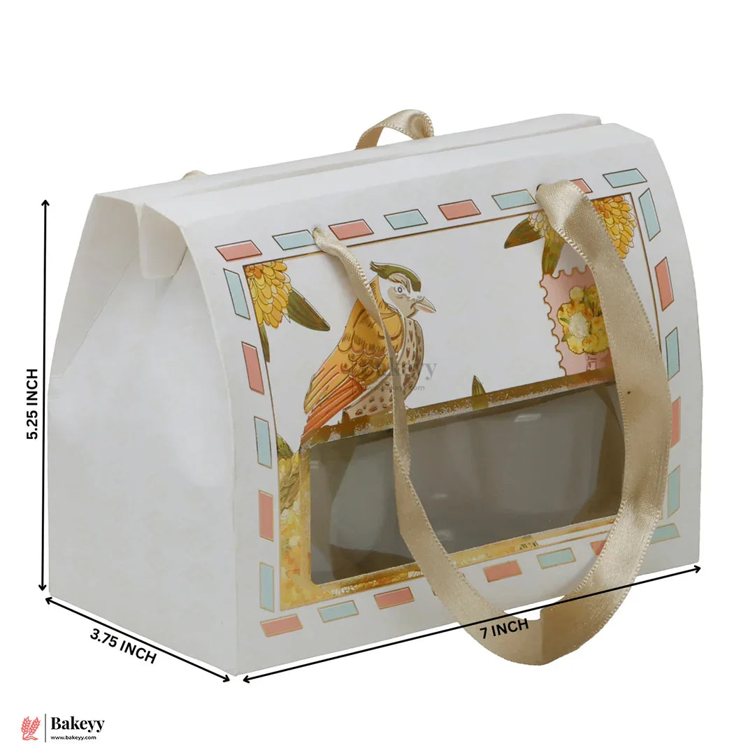 7x5.25x3.75 Inch | Premium Designer Window Box with Bird Print  Golden Ribbon Handle | Pack of 10