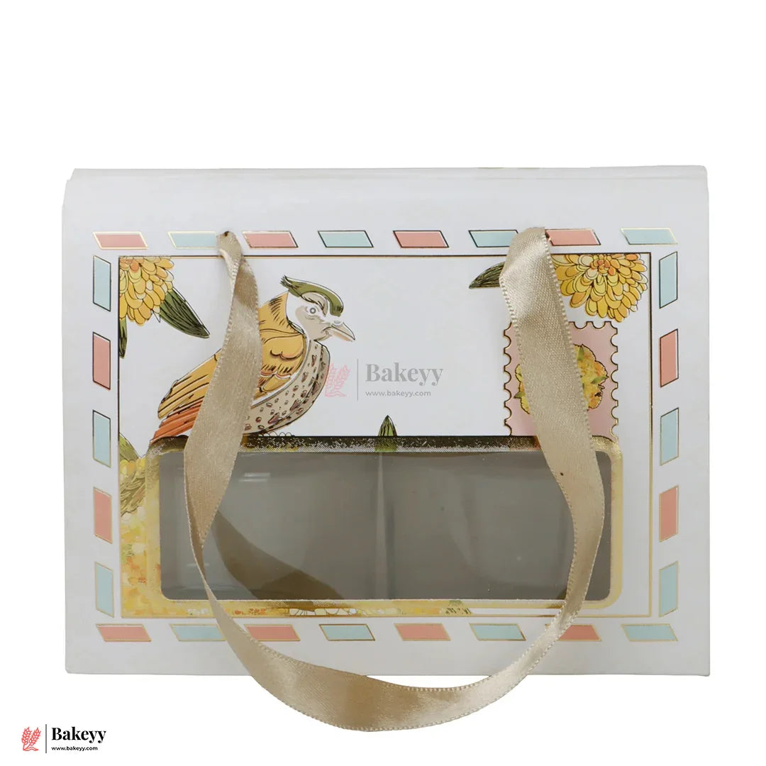 7x5.25x3.75 Inch | Premium Designer Window Box with Bird Print  Golden Ribbon Handle | Pack of 10