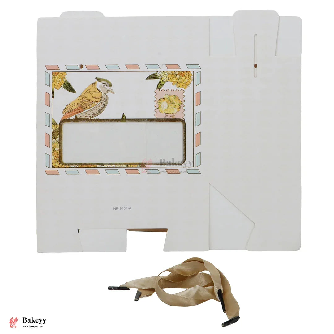7x5.25x3.75 Inch | Premium Designer Window Box with Bird Print  Golden Ribbon Handle | Pack of 10