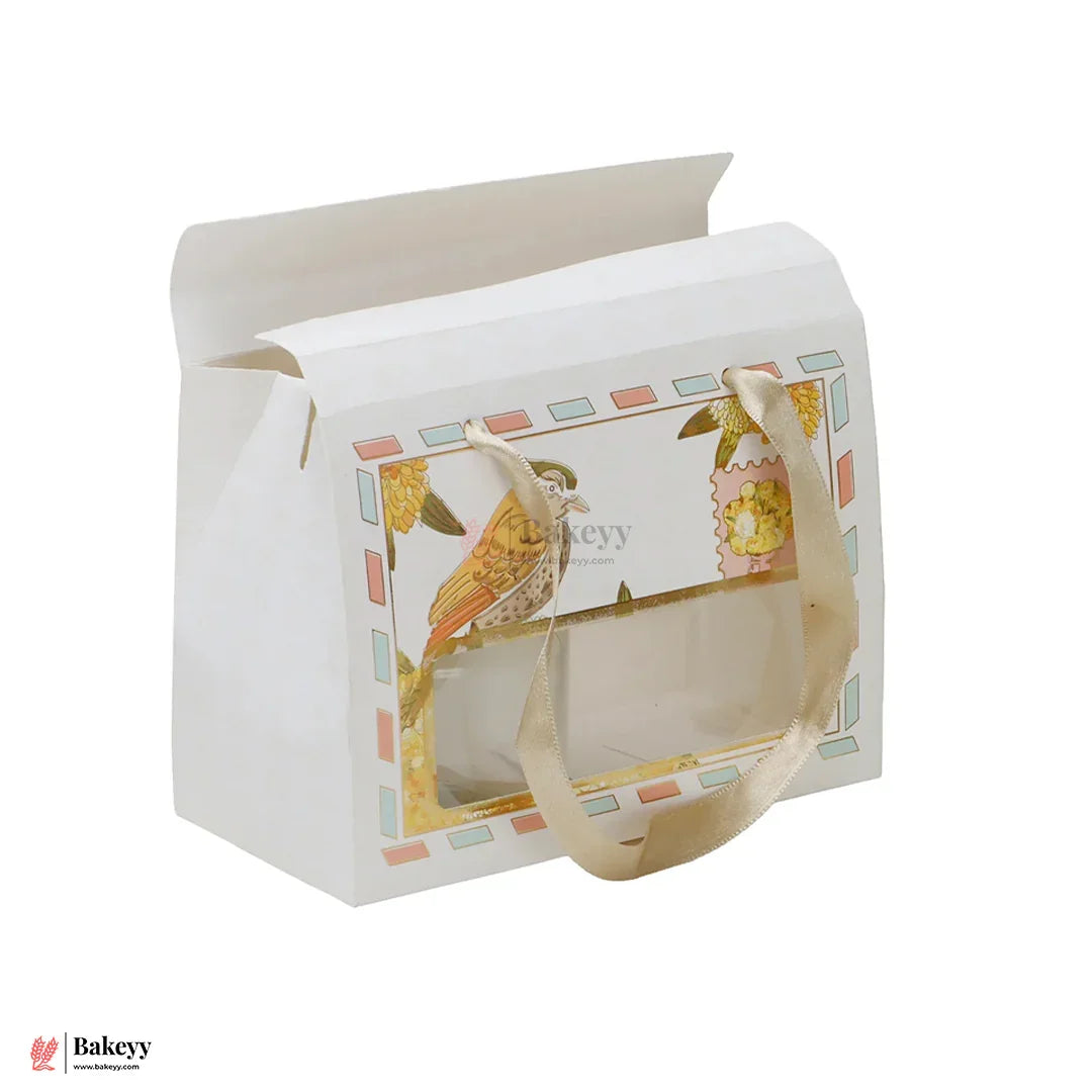 7x5.25x3.75 Inch | Premium Designer Window Box with Bird Print  Golden Ribbon Handle | Pack of 10