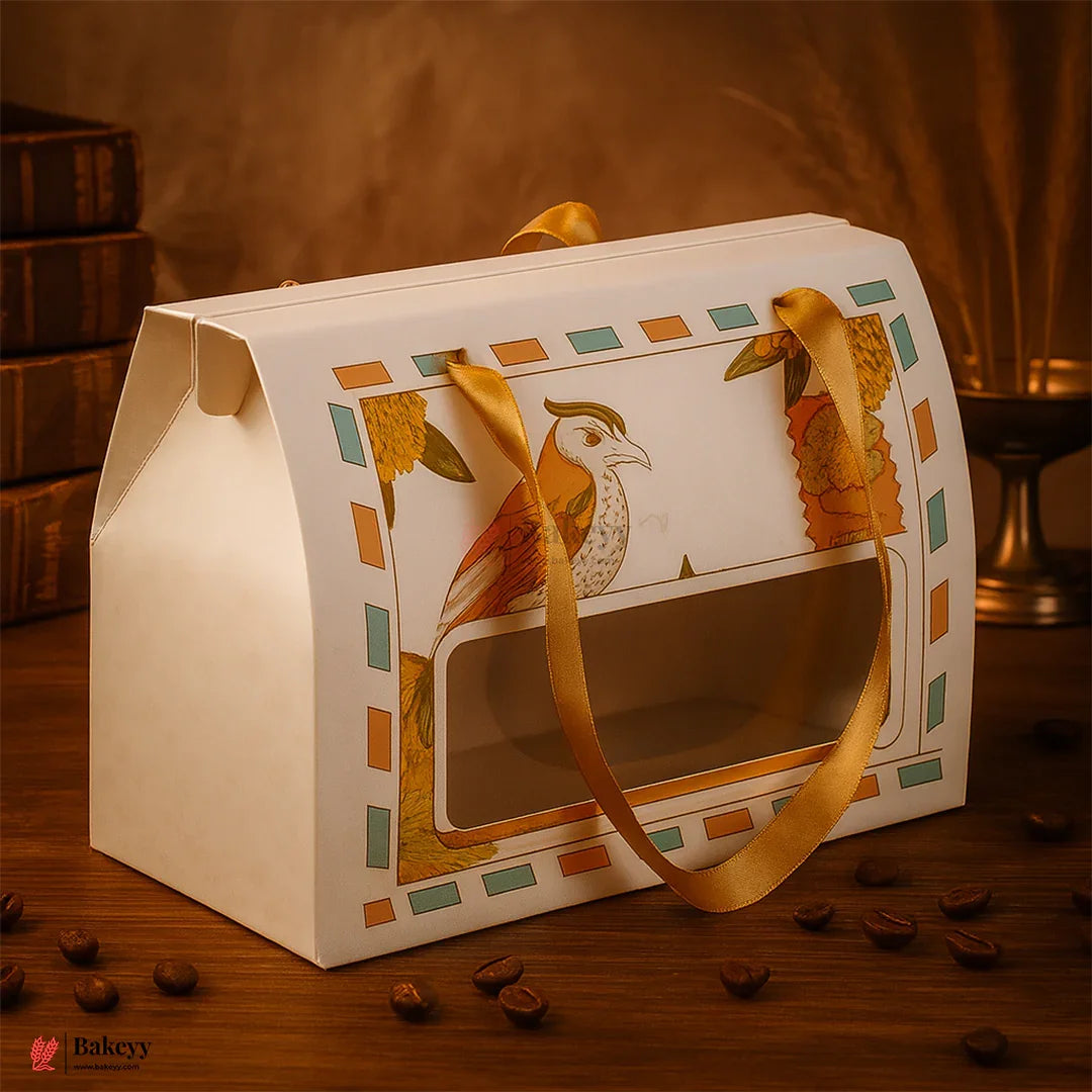 7x5.25x3.75 Inch | Premium Designer Window Box with Bird Print  Golden Ribbon Handle | Pack of 10