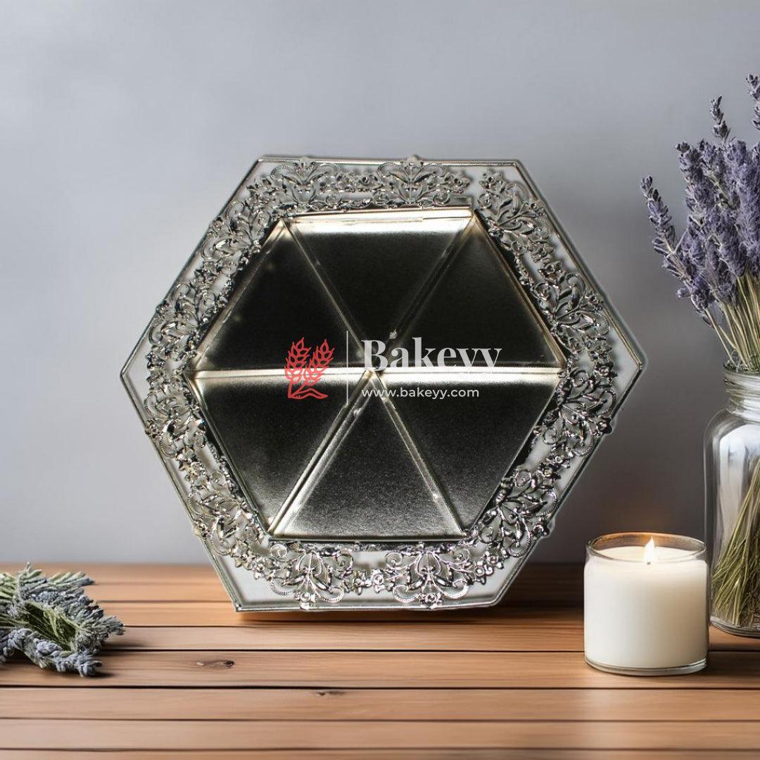 10 inch| Luxurious Hexagonal Metal Serving Tray with Elegant Floral Design | Luxurious Silver-Plated Metal Dry Fruit Tray - Bakeyy.com - India - 10 inch| Luxurious Hexagonal Metal Serving Tray with Elegant Floral Design | Luxurious Silver-Plated Metal Dry Fruit Tray - Default Title